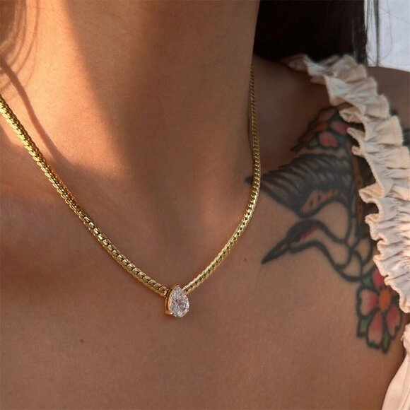 Yellow Gold Fantasy Womens Teardrop Stainless Steel Rhinestone Pendant Necklace - Picture 1 of 6